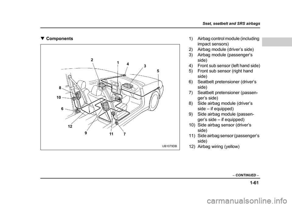 SUBARU OUTBACK 2004 4.G Manual Online 1-61
Seat, seatbelt and SRS airbags
– CONTINUED  –
�TComponents
1
2
43
5
7
11
9
12
6
10
8
UB1079DB
1) Airbag control module (including 
impact sensors)
2) Airbag module (driver’s side) 
3) Airba