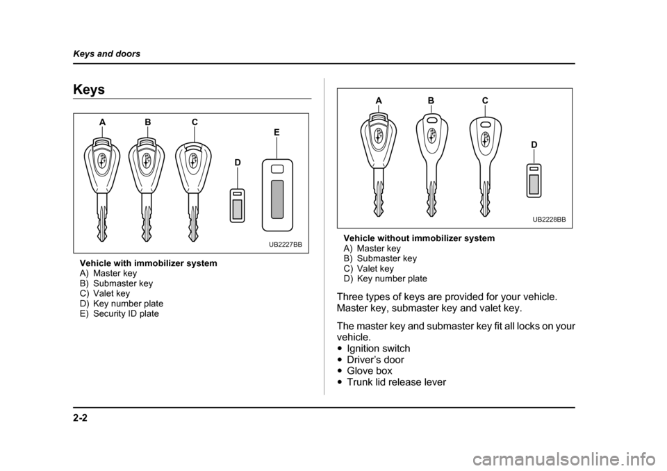 SUBARU OUTBACK 2005 4.G Owners Manual 2-2
Keys and doors
Keys and doorsKeys
Vehicle with immobilizer system 
A) Master key
B) Submaster key
C) Valet key
D) Key number plate
E) Security ID plate Vehicle without immobilizer system
A) Master