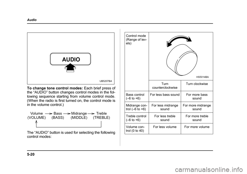 SUBARU OUTBACK 2005 4.G Owners Manual 5-20
Audio
To change tone control modes:
Each brief press of
the “AUDIO” button changes control modes in the fol-
lowing sequence starting from volume control mode.
(When the radio is first turn SUBARU OUTBACK 2005 4.G Owners Manual 5-20
Audio
To change tone control modes:
Each brief press of
the “AUDIO” button changes control modes in the fol-
lowing sequence starting from volume control mode.
(When the radio is first turn