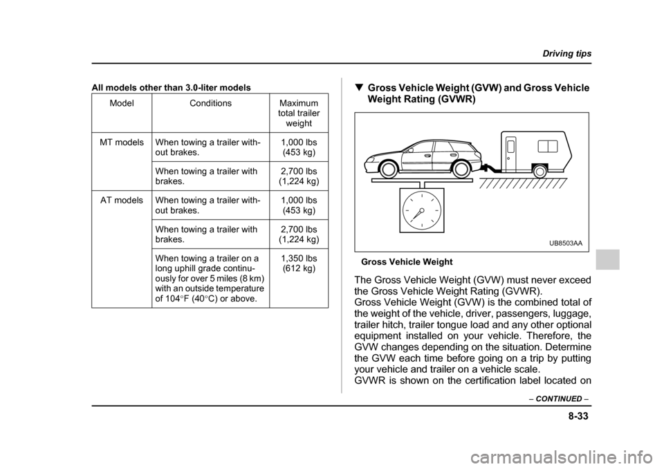 SUBARU OUTBACK 2005 4.G Owners Manual 8-33
Driving tips
– CONTINUED –
All models other than 3.0-liter models
!Gross Vehicle Weight (GVW) and Gross Vehicle
Weight Rating (GVWR)
Gross Vehicle Weight
The Gross Vehicle Weight (GVW) mu SUBARU OUTBACK 2005 4.G Owners Manual 8-33
Driving tips
– CONTINUED –
All models other than 3.0-liter models
!Gross Vehicle Weight (GVW) and Gross Vehicle
Weight Rating (GVWR)
Gross Vehicle Weight
The Gross Vehicle Weight (GVW) mu