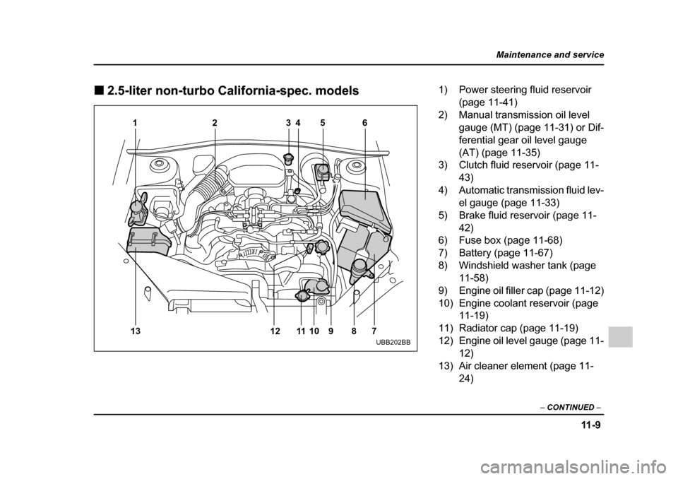 SUBARU OUTBACK 2005 4.G Owners Manual 11 - 9
Maintenance and service
– CONTINUED –
!2.5-liter non-turbo California-spec. models
123 45 6
7
8
9
10
11
13 12
UBB202BB
1) Power steering fluid reservoir
(page 11-41)
2) Manual transmissio SUBARU OUTBACK 2005 4.G Owners Manual 11 - 9
Maintenance and service
– CONTINUED –
!2.5-liter non-turbo California-spec. models
123 45 6
7
8
9
10
11
13 12
UBB202BB
1) Power steering fluid reservoir
(page 11-41)
2) Manual transmissio