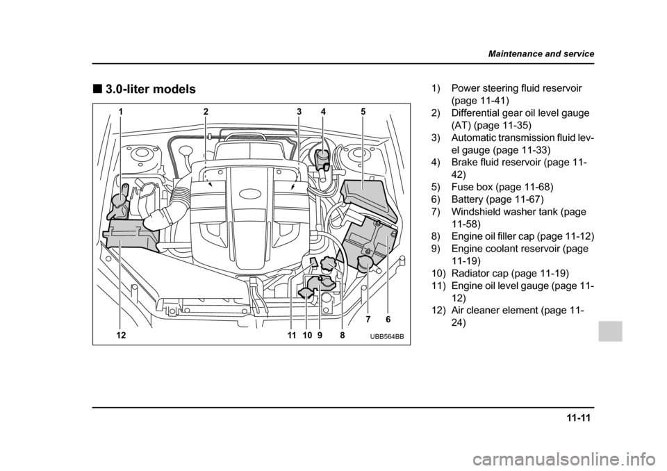 SUBARU OUTBACK 2005 4.G Owners Manual 11-11
Maintenance and service
– CONTINUED –
!3.0-liter models
12 3 45
12 10
11 9 8 76
UBB564BB
1) Power steering fluid reservoir
(page 11-41)
2) Differential gear oil level gauge (AT) (page 11- SUBARU OUTBACK 2005 4.G Owners Manual 11-11
Maintenance and service
– CONTINUED –
!3.0-liter models
12 3 45
12 10
11 9 8 76
UBB564BB
1) Power steering fluid reservoir
(page 11-41)
2) Differential gear oil level gauge (AT) (page 11-