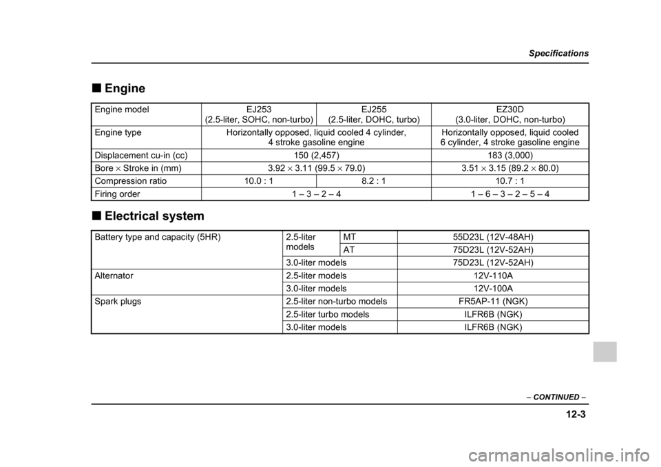 SUBARU OUTBACK 2005 4.G Owners Manual 12-3
Specifications
–  CONTINUED  –
!Engine
! Electrical system
Engine modelEJ253
(2.5-liter, SOHC, non-turbo)EJ255 
(2.5-liter, DOHC, turbo)EZ30D
(3.0-liter, DOHC, non-turbo)
Engine typeHorizonta