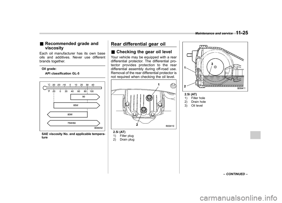 SUBARU OUTBACK 2007 4.G Owners Manual &Recommended grade and viscosity
Each oil manufacturer has its own base
oils and additives. Never use different
brands together.
Oil grade: API classification GL-5
SAE viscosity No. and applicable te SUBARU OUTBACK 2007 4.G Owners Manual &Recommended grade and viscosity
Each oil manufacturer has its own base
oils and additives. Never use different
brands together.
Oil grade: API classification GL-5
SAE viscosity No. and applicable te