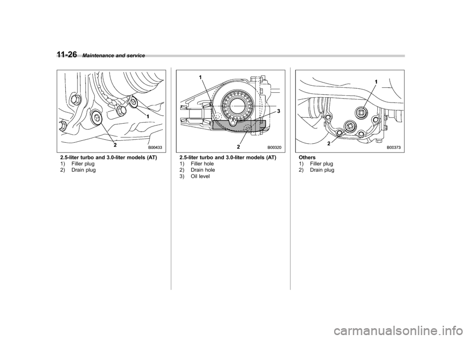 SUBARU OUTBACK 2007 4.G Owners Manual 11-26Maintenance and service
2.5-liter turbo and 3.0-liter models (AT)
1) Filler plug
2) Drain plug2.5-liter turbo and 3.0-liter models (AT)
1) Filler hole
2) Drain hole
3) Oil levelOthers
1) Fi SUBARU OUTBACK 2007 4.G Owners Manual 11-26Maintenance and service
2.5-liter turbo and 3.0-liter models (AT)
1) Filler plug
2) Drain plug2.5-liter turbo and 3.0-liter models (AT)
1) Filler hole
2) Drain hole
3) Oil levelOthers
1) Fi