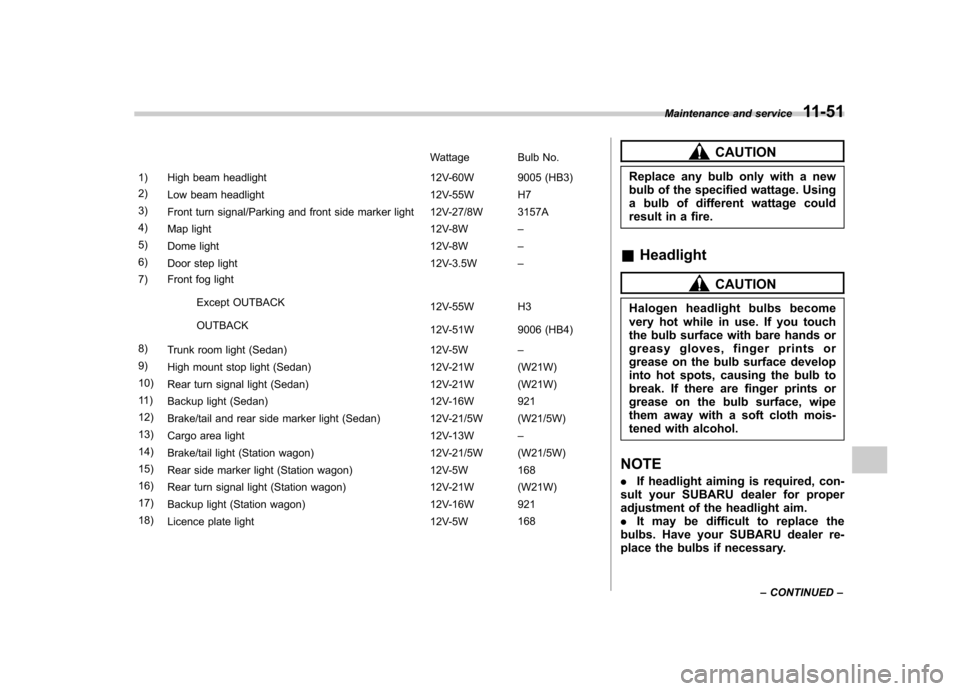 SUBARU OUTBACK 2007 4.G Owners Manual Wattage Bulb No.
1) High beam headlight 12V-60W 9005 (HB3) 2) Low beam headlight 12V-55W H7
3) Front turn signal/Parking and front side marker light 12V-27/8W 3157A
4) Map light 12V-8W–
5) Dome ligh