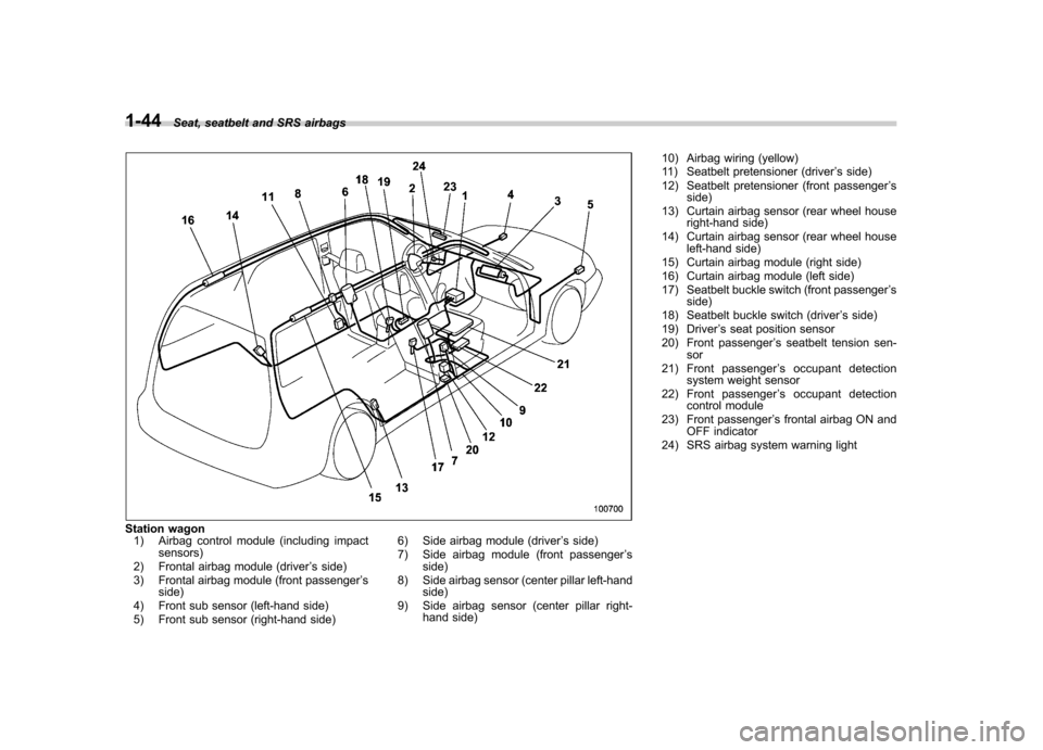 SUBARU OUTBACK 2007 4.G Manual PDF 1-44Seat, seatbelt and SRS airbags
Station wagon
1) Airbag control module (including impact sensors)
2) Frontal airbag module (driver ’s side)
3) Frontal airbag module (front passenger ’s
side)
4)