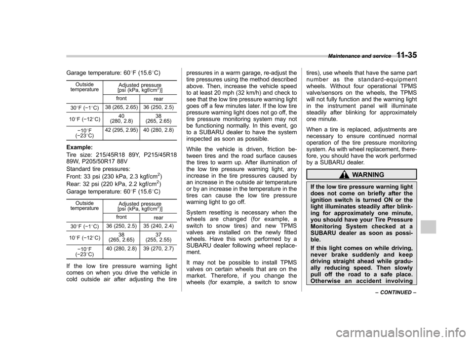 SUBARU OUTBACK 2008 4.G Owners Manual Garage temperature: 608F (15.6 8C)
Outside
temperature Adjusted pressure
[psi (kPa, kgf/cm
2)]
front rear
30 8F( �18C) 38 (265, 2.65) 36 (250, 2.5)
10 8F( �12 8C) 40
(280, 2.8) 38
(265, 2.65)
� 10 8F
