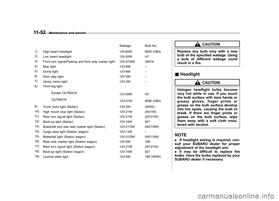 SUBARU OUTBACK 2008 4.G Owners Manual 11-52Maintenance and service
Wattage Bulb No.
1) High beam headlight 12V-60W 9005 (HB3) 2) Low beam headlight 12V-55W H7
3) Front turn signal/Parking and front side marker light 12V-27/8W 3457A
4) Map