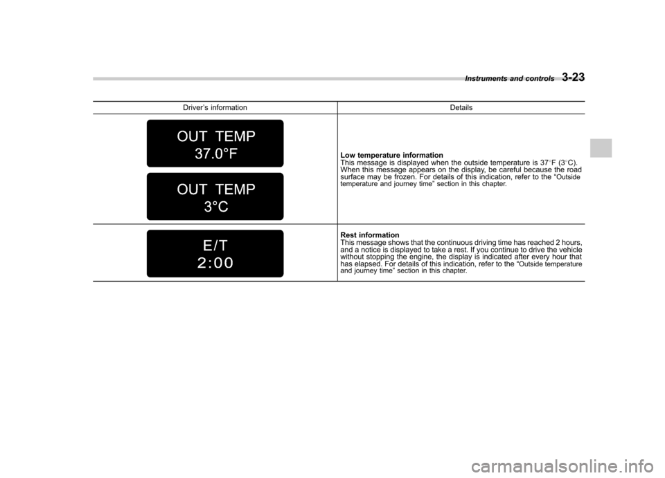 SUBARU OUTBACK 2009 5.G Owners Manual Driver’s information Details
Low temperature information 
This message is displayed when the outside temperature is 378F(3 8C).
When this message appears on the display, be careful because the road 