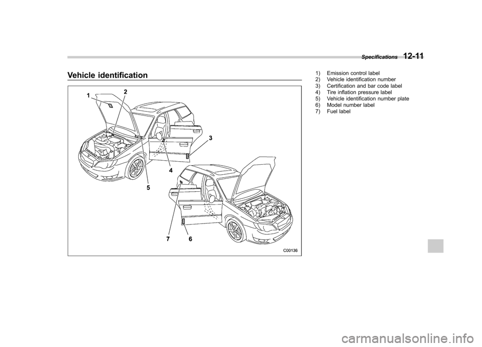 SUBARU OUTBACK 2009 5.G Owners Manual Vehicle identification1) Emission control label 
2) Vehicle identification number 
3) Certification and bar code label 
4) Tire inflation pressure label 
5) Vehicle identification number plate
6) Mode