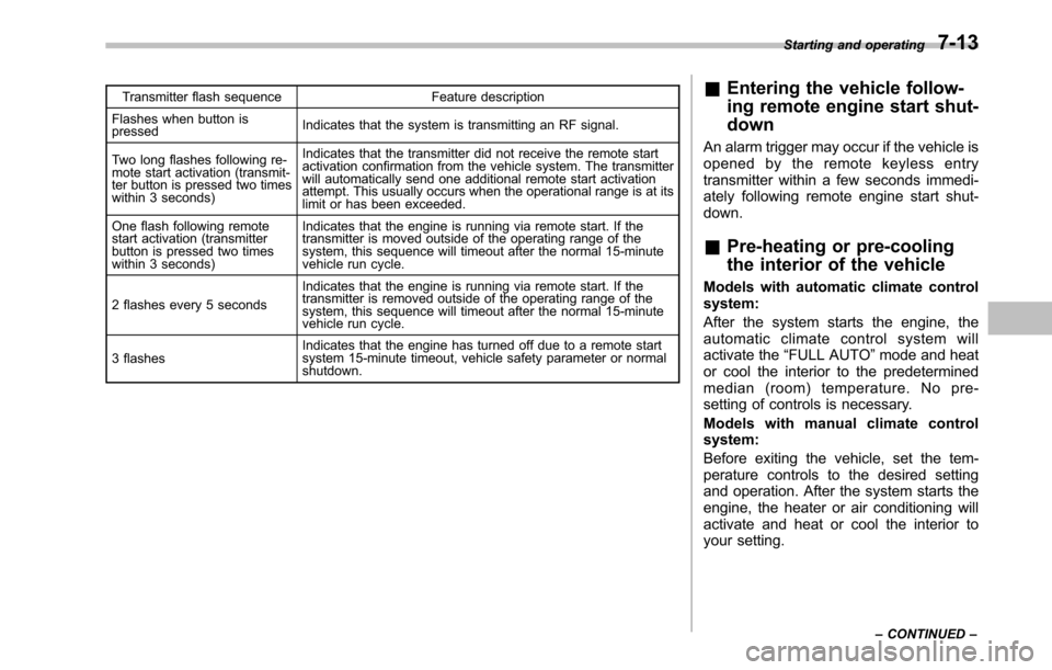 SUBARU OUTBACK 2010 5.G Owners Manual Transmitter flash sequence Feature description
Flashes when button is pressed Indicates that the system is transmitting an RF signal.
Two long flashes following re-
mote start activation (transmit- 
t