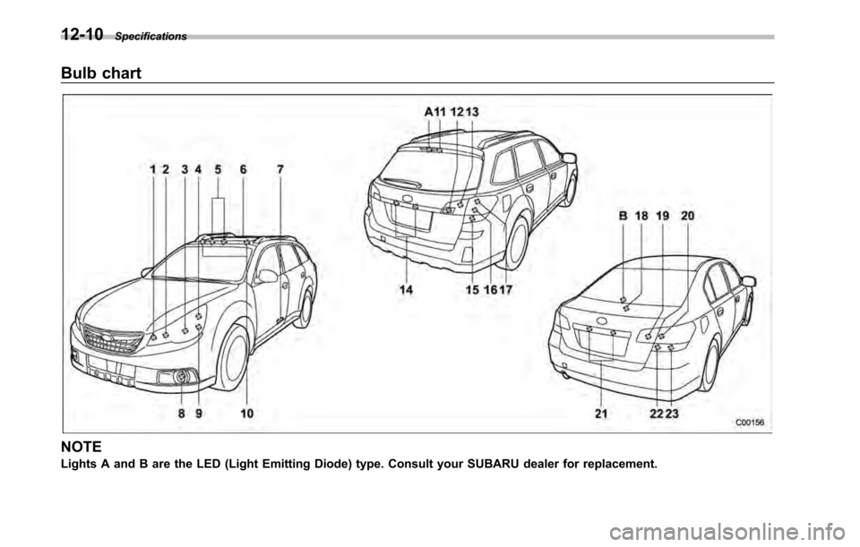SUBARU OUTBACK 2010 5.G Owners Manual 12-10Specifications
Bulb chart
NOTE 
Lights A and B are the LED (Light Emitting Diode) type. Consult your SUBARU dealer for replacement.  