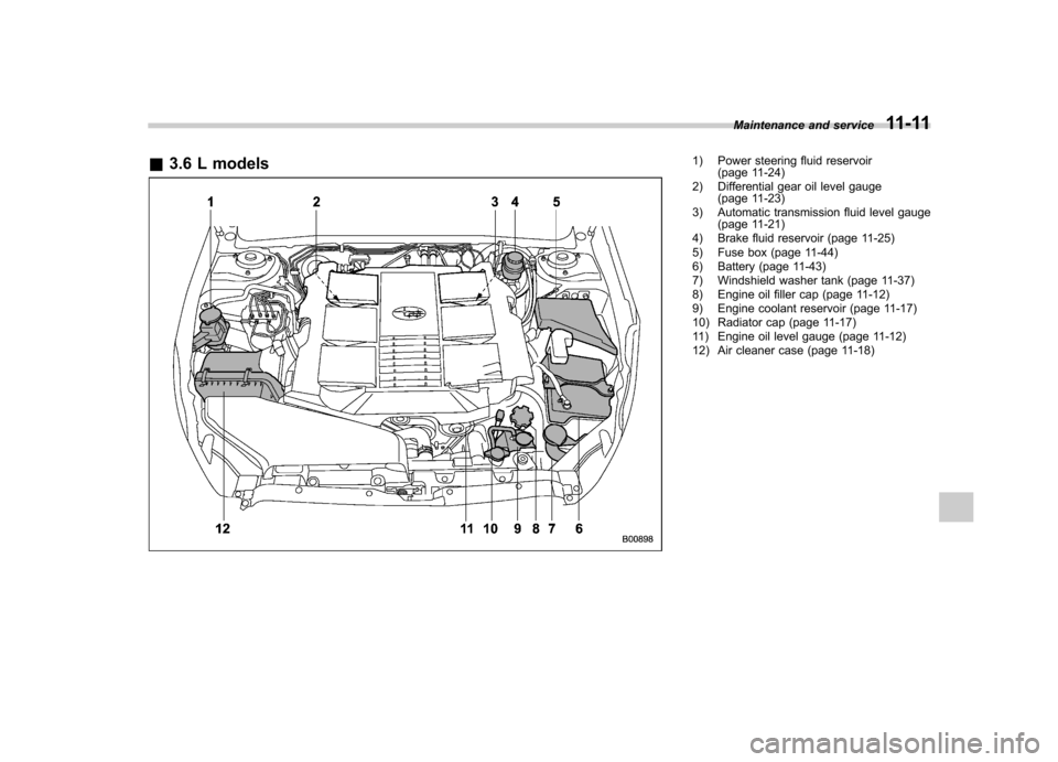 SUBARU OUTBACK 2012 5.G User Guide &3.6 L models1) Power steering fluid reservoir
(page 11-24)
2) Differential gear oil level gauge (page 11-23)
3) Automatic transmission fluid level gauge (page 11-21)
4) Brake fluid reservoir (page 11