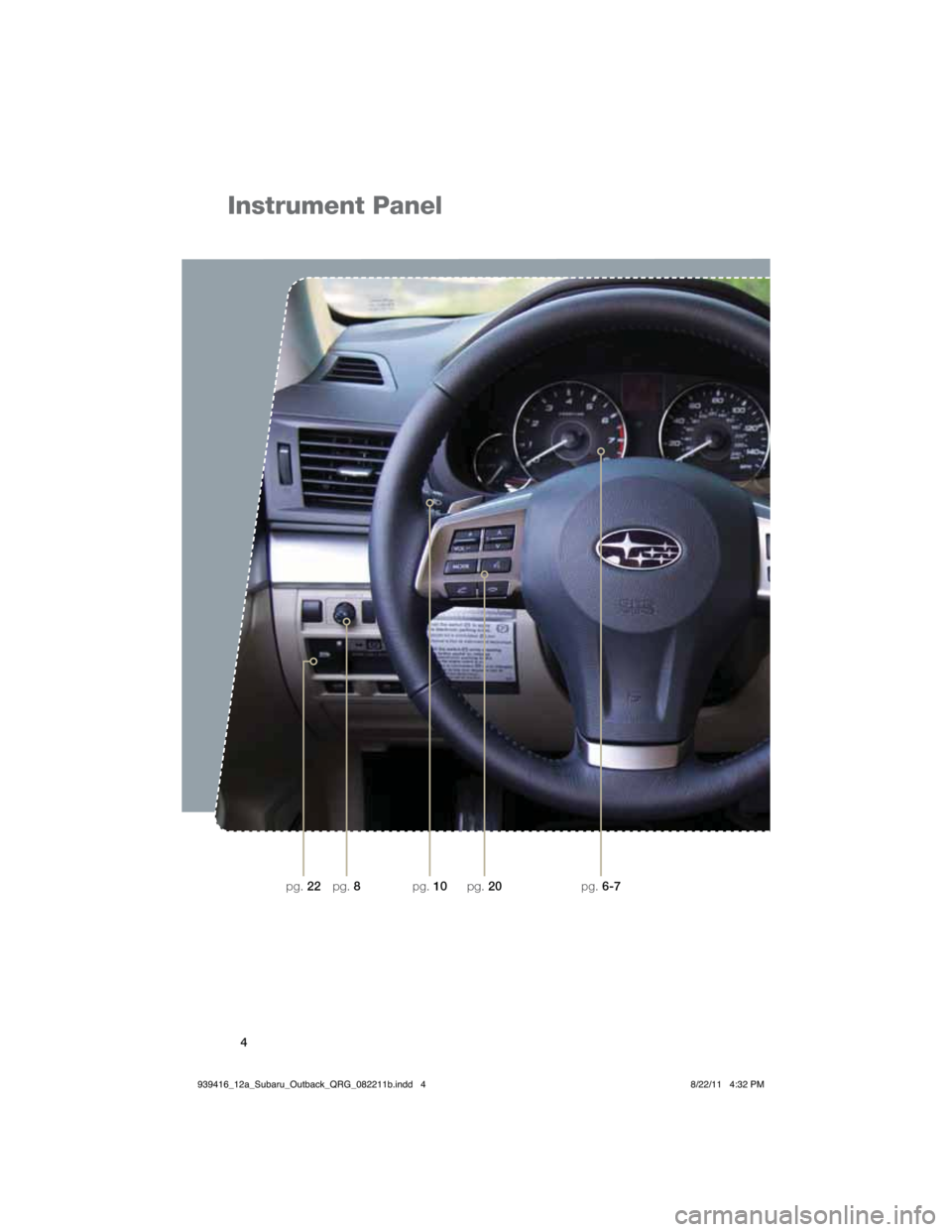 SUBARU OUTBACK 2012 5.G Quick Reference Guide 4
Instrument Panel
pg. 10pg. 6-7pg. 22pg. 8pg. 20
939416_12a_Subaru_Outback_QRG_082211b.indd   48/22/11   4:32 PM 