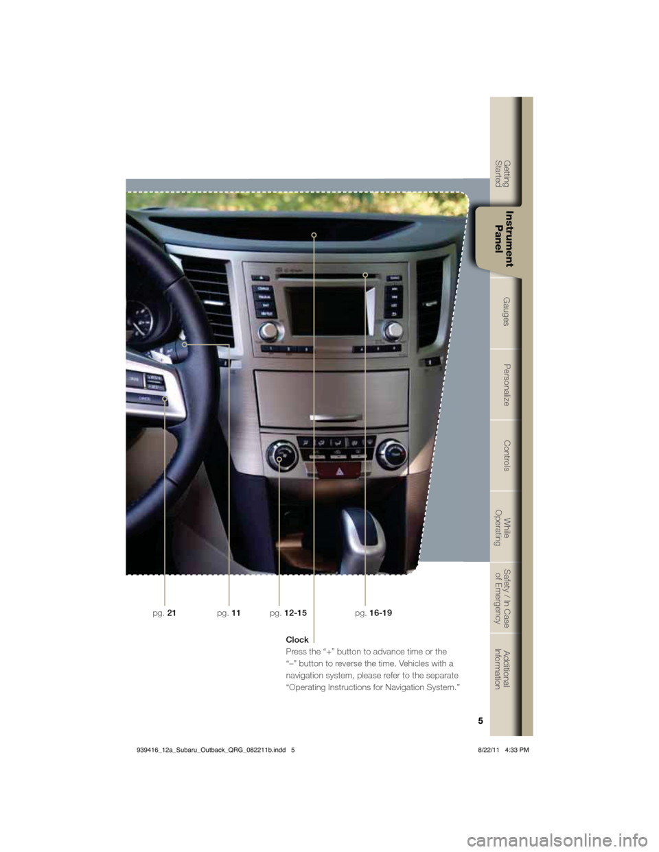 SUBARU OUTBACK 2012 5.G Quick Reference Guide 5
Getting
StartedInstrument
PanelGaugesPersonalize Controls While
OperatingSafety / In Case
of EmergencyAdditional
Information
5
GetGt
tintig
Starte
d
Instrument
Panel
GauG
ges
PerP
son
alili SUBARU OUTBACK 2012 5.G Quick Reference Guide 5
Getting
StartedInstrument
PanelGaugesPersonalize Controls While
OperatingSafety / In Case
of EmergencyAdditional
Information
5
GetGt
tintig
Starte
d
Instrument
Panel
GauG
ges
PerP
son
alili