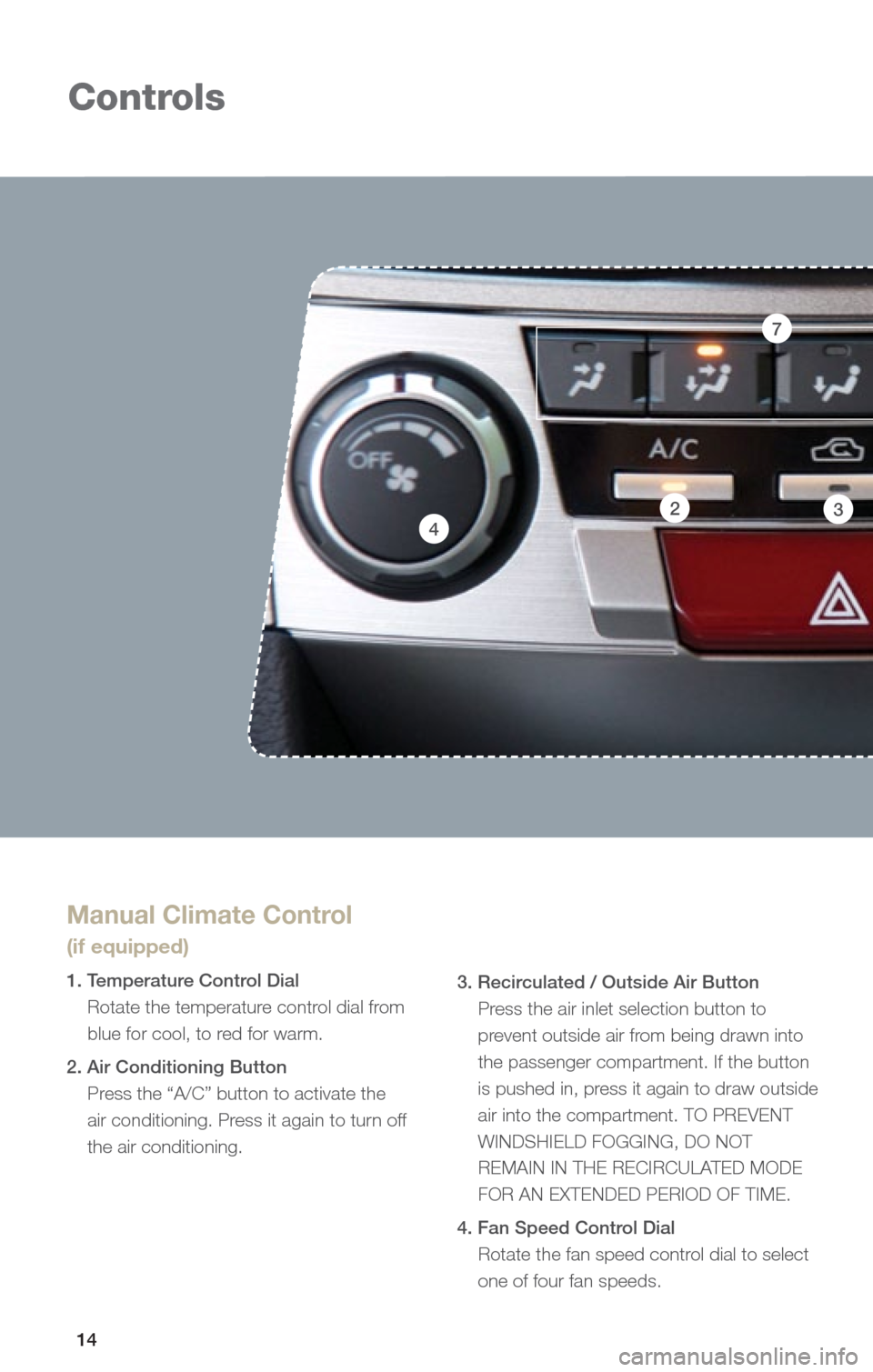 SUBARU OUTBACK 2013 5.G Quick Reference Guide 14
Controls
Manual Climate Control  
(if equipped)
1. Temperature Control Dial Rotate the temperature control dial from 
blue for cool, to red for warm.
2. Air Conditioning Button  Press	the	“A/C”