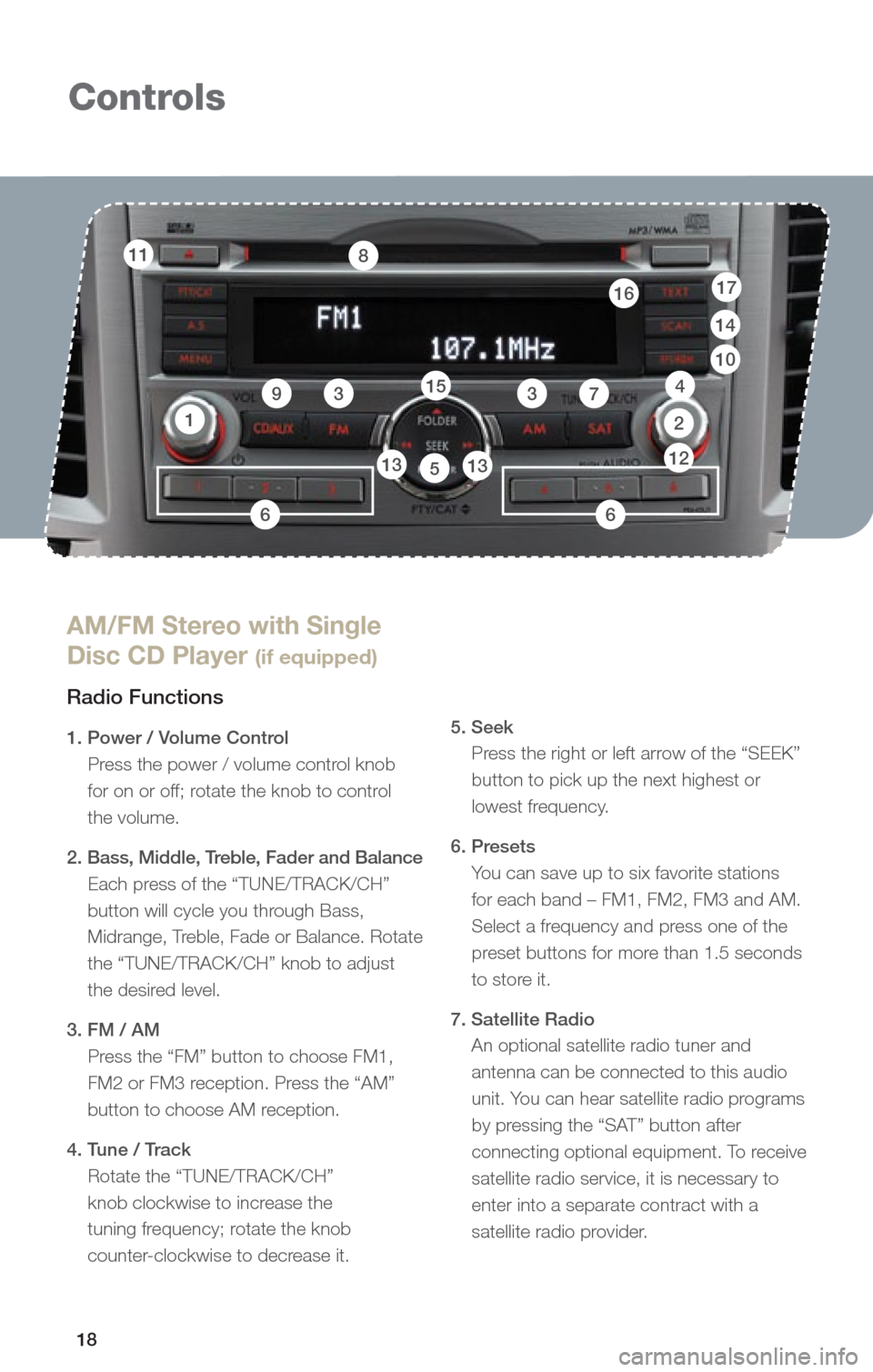 SUBARU OUTBACK 2013 5.G Quick Reference Guide 18
Controls
1
AM/FM Stereo with Single
Disc CD Player
(if equipped)
Radio Functions
1. Power / Volume Control Press the power / volume control knob
for on or off; rotate the knob to control
the SUBARU OUTBACK 2013 5.G Quick Reference Guide 18
Controls
1
AM/FM Stereo with Single
Disc CD Player
(if equipped)
Radio Functions
1. Power / Volume Control Press the power / volume control knob
for on or off; rotate the knob to control
the