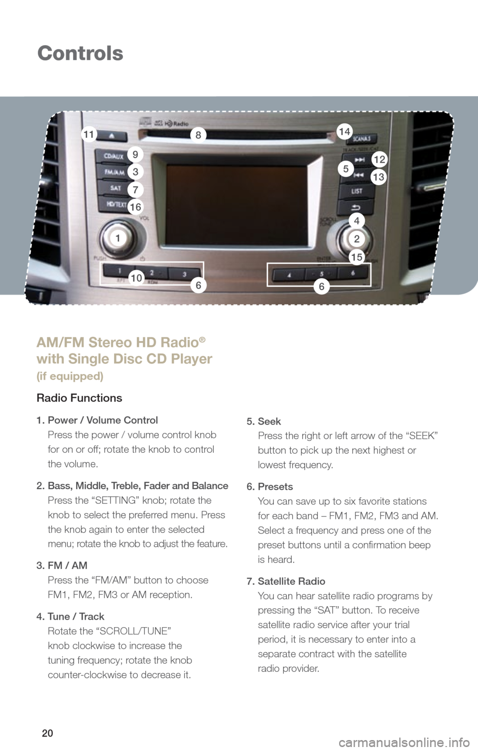 SUBARU OUTBACK 2013 5.G Quick Reference Guide 20
Controls
1
AM/FM Stereo HD Radio®
with Single Disc CD Player
(if equipped)
Radio Functions
1. Power / Volume Control
Press the power / volume control knob
for on or off; rotate the knob to co SUBARU OUTBACK 2013 5.G Quick Reference Guide 20
Controls
1
AM/FM Stereo HD Radio®
with Single Disc CD Player
(if equipped)
Radio Functions
1. Power / Volume Control
Press the power / volume control knob
for on or off; rotate the knob to co