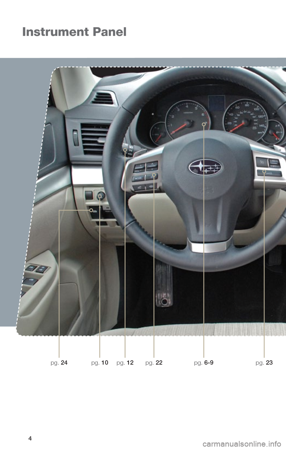 SUBARU OUTBACK 2013 5.G Quick Reference Guide 4
Instrument Panel
pg. 12pg. 6-9pg. 23pg. 24pg. 10pg. 22 SUBARU OUTBACK 2013 5.G Quick Reference Guide 4
Instrument Panel
pg. 12pg. 6-9pg. 23pg. 24pg. 10pg. 22