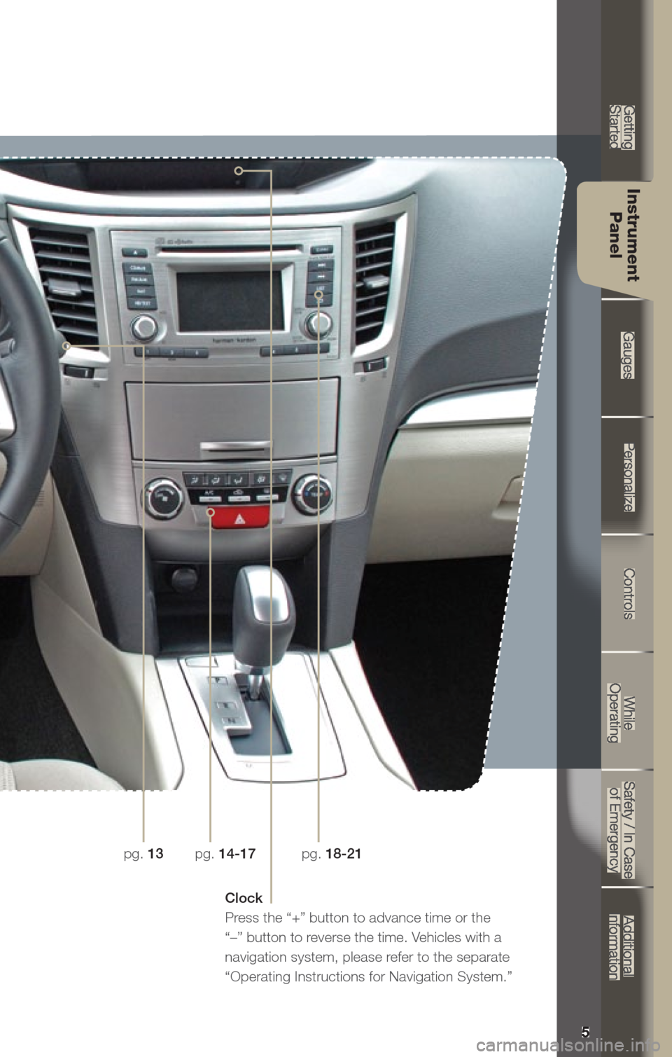 SUBARU OUTBACK 2013 5.G Quick Reference Guide 5
Getting  
Started Instrument  
Panel Gauges
Personalize Controls
While  
Operating Safety / In Case 
of Emergency Additional 
Information
5
Getting Started
Instrument Panel
Gauges
Personalize
Contro