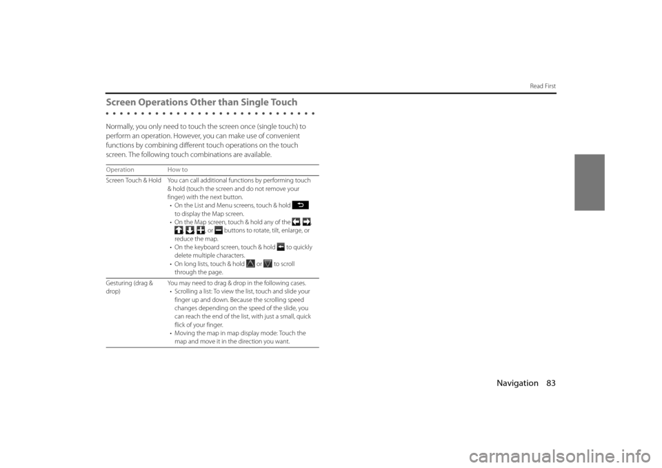 SUBARU OUTBACK 2014 6.G Navigation Manual Navigation 83
Read First
Screen Operations Other than Single Touch 
Normally, you only need to touch the screen once (single touch) to 
perform an operation. However, you can make use of convenient 
f
