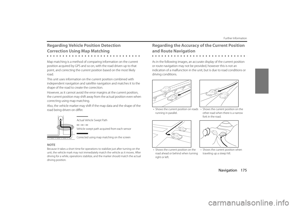 SUBARU OUTBACK 2014 6.G Navigation Manual Navigation 175
Further Information
Regarding Vehicle Position Detection 
Correction Using Map Matching
Map matching is a method of comparing information on the current 
position acquired by GPS and so