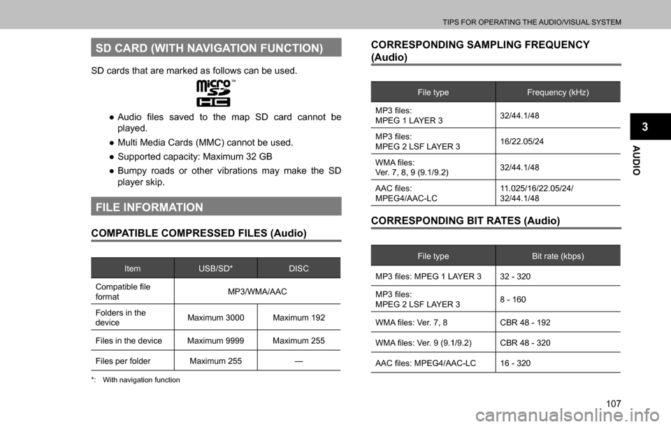 SUBARU OUTBACK 2016 6.G Navigation Manual 
TIPS FOR OPERATING THE AUDIO/VISUAL SYSTEM
107
AUDIO
3
SD CARD (WITH NAVIGATION FUNCTION)
SD cards that are marked as follows can be used.
  