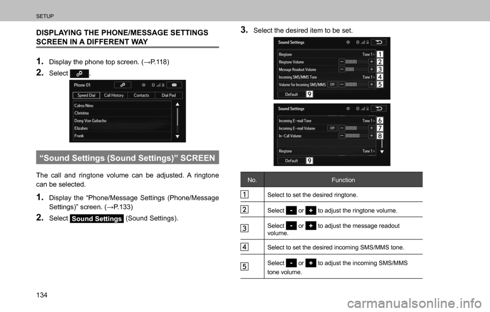 SUBARU OUTBACK 2016 6.G Navigation Manual 
SETUP
134
DISPLAYING THE PHONE/MESSAGE SETTINGS 
SCREEN IN A DIFFERENT WAY
1. ��L�V�S�O�D�\��W�K�H��S�K�R�Q�H��W�R�S��V�F�U�H�H�Q���:�3�����
2. Select .
“Sound Settings (Sound Setting