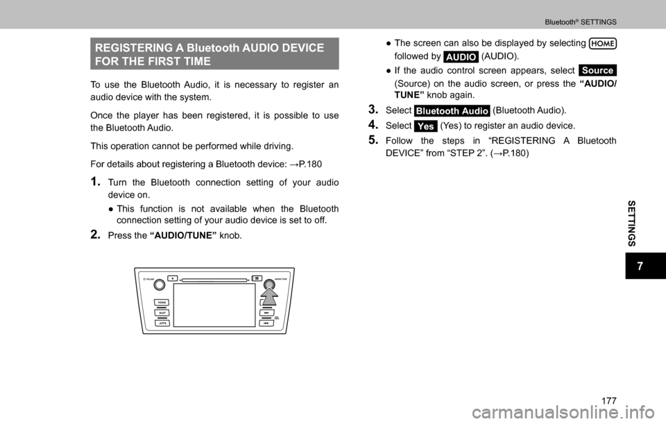 SUBARU OUTBACK 2016 6.G Navigation Manual 
SETTINGS
7
Bluetooth® SETTINGS
177
REGISTERING A Bluetooth AUDIO DEVICE 
FOR THE FIRST TIME
To use the Bluetooth Audio, it is necessary to register an 
audio device with the system.
Once the player 