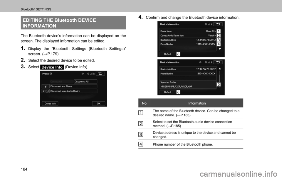 SUBARU OUTBACK 2016 6.G Navigation Manual 
Bluetooth® SETTINGS
184
EDITING THE Bluetooth DEVICE 
INFORMATION
The Bluetooth device’s information can be displayed on the 
screen. The displayed information can be edited.
1. Display the “Blu