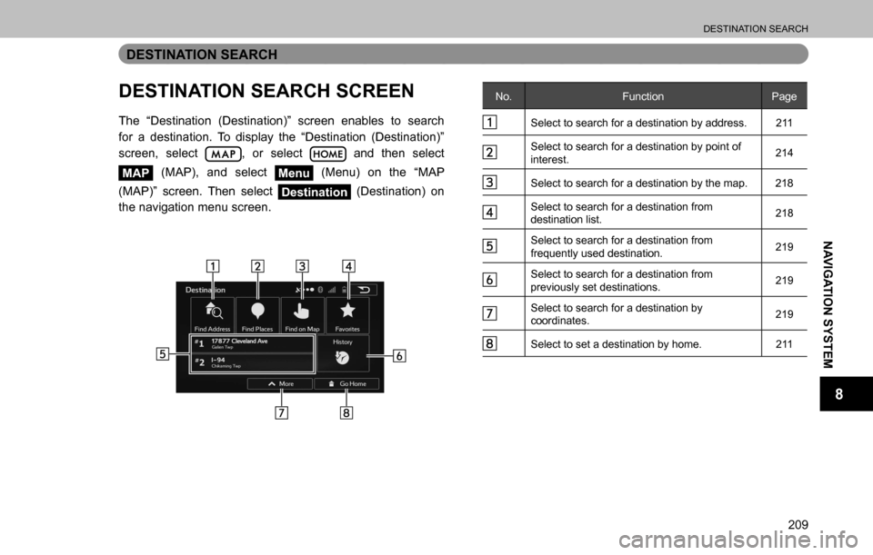 SUBARU OUTBACK 2016 6.G Navigation Manual 
DESTINATION SEARCH
209
NAVIGATION SYSTEM
8
DESTINATION SEARCH
DESTINATION SEARCH SCREEN
The “Destination (Destination)” screen enables to search 
for a destination. To display the “Destination 