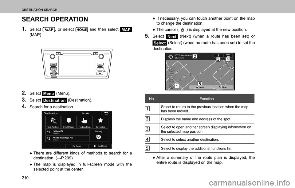 SUBARU OUTBACK 2016 6.G Navigation Manual 
DESTINATION SEARCH
210
SEARCH OPERATION
1. Select , or select  and then select MAP 
(MAP).
2. Select Menu (Menu).
3. Select Destination (Destination).
4. Search for a destination.
  ”There are dif
