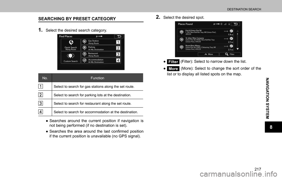 SUBARU OUTBACK 2016 6.G Navigation Manual 
DESTINATION SEARCH
217
NAVIGATION SYSTEM
8
SEARCHING BY PRESET CATEGORY
1. Select the desired search category.
No. Function
Select to search for gas stations along the set route.
Select to search for