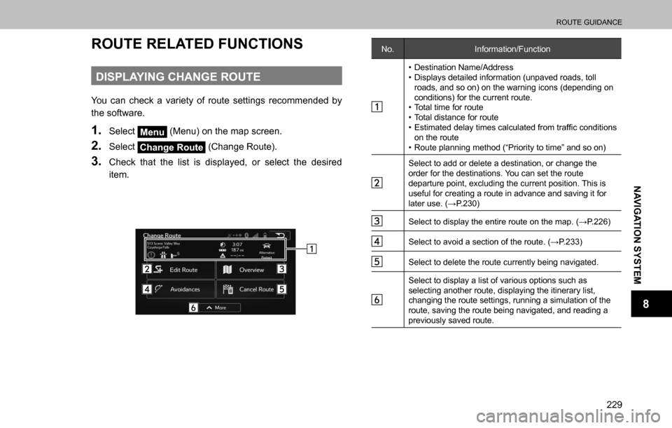 SUBARU OUTBACK 2016 6.G Navigation Manual 
ROUTE GUIDANCE
229
NAVIGATION SYSTEM
8
ROUTE RELATED FUNCTIONS
DISPLAYING CHANGE ROUTE
You can check a variety of route settings recommended by 
the software.
1. Select Menu (Menu) on the map screen.