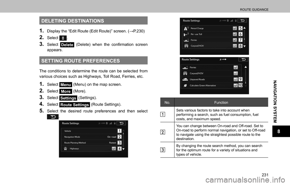 SUBARU OUTBACK 2016 6.G Navigation Manual 
ROUTE GUIDANCE
231
NAVIGATION SYSTEM
8
DELETING DESTINATIONS
1. ��L�V�S�O�D�\��W�K�H��
