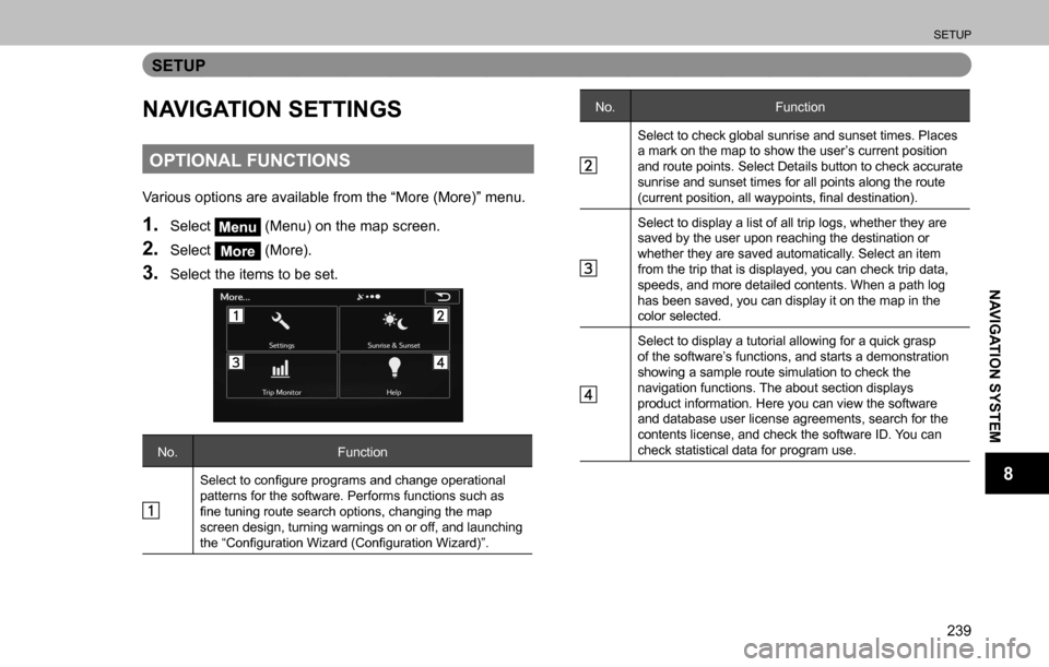 SUBARU OUTBACK 2016 6.G Navigation Manual 
SETUP
239
NAVIGATION SYSTEM
8
SETUP
NAVIGATION SETTINGS
OPTIONAL FUNCTIONS
Various options are available from the “More (More)” menu.
1. Select Menu (Menu) on the map screen.
2. Select More (More