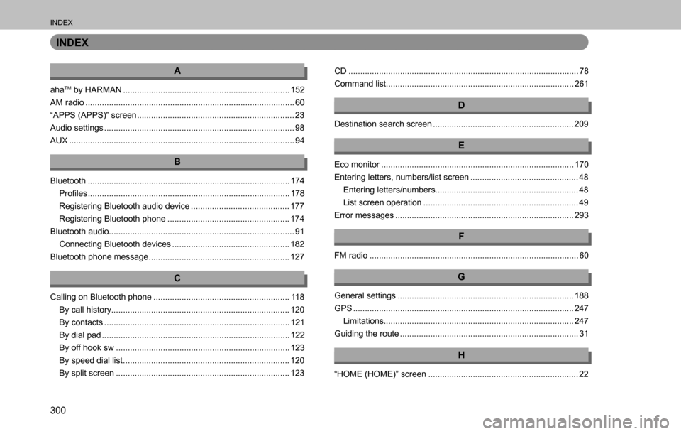 SUBARU OUTBACK 2016 6.G Navigation Manual 
INDEX
300
INDEX
A
ahaTM by HARMAN ....................................................................... 152
AM radio ................................................................................