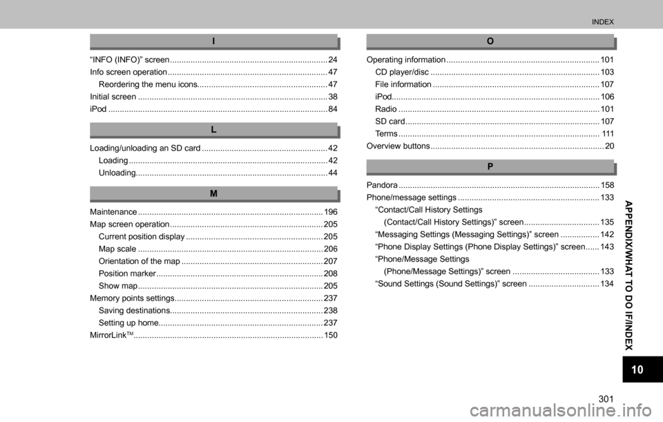 SUBARU OUTBACK 2016 6.G Navigation Manual 
INDEX
301
APPENDIX/WHAT TO DO IF/INDEX
10
I
“INFO (INFO)” screen ..................................................................... 24
Info screen operation ...................................