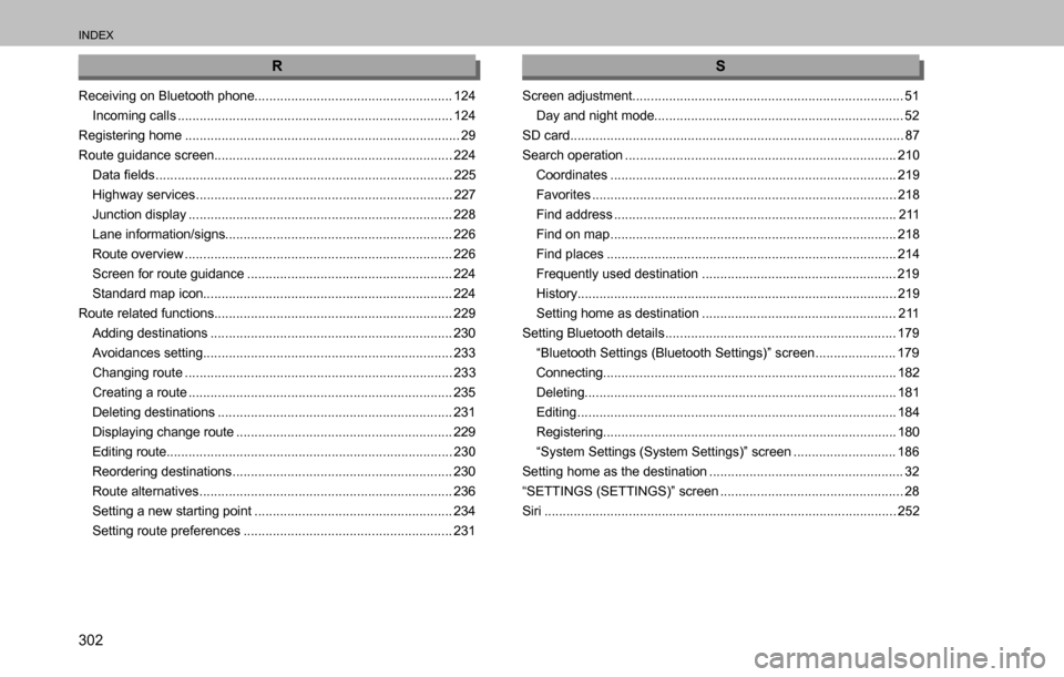 SUBARU OUTBACK 2016 6.G Navigation Manual 
INDEX
302
R
Receiving on Bluetooth phone...................................................... 124
Incoming calls ........................................................................... 124
Regis