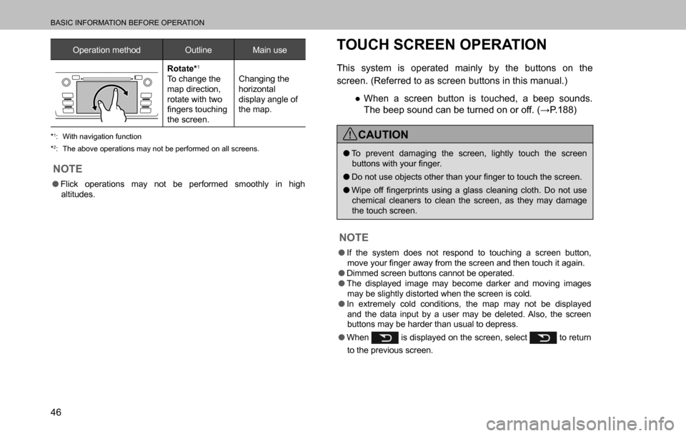 SUBARU OUTBACK 2016 6.G Navigation Manual 
BASIC INFORMATION BEFORE OPERATION
46
Operation method Outline Main use
Rotate*1
To change the 
map direction, 
rotate with two 
�¿�Q�J�H�U�V��W�R�X�F�K�L�Q�J�
the screen.Changing the 
horizontal 