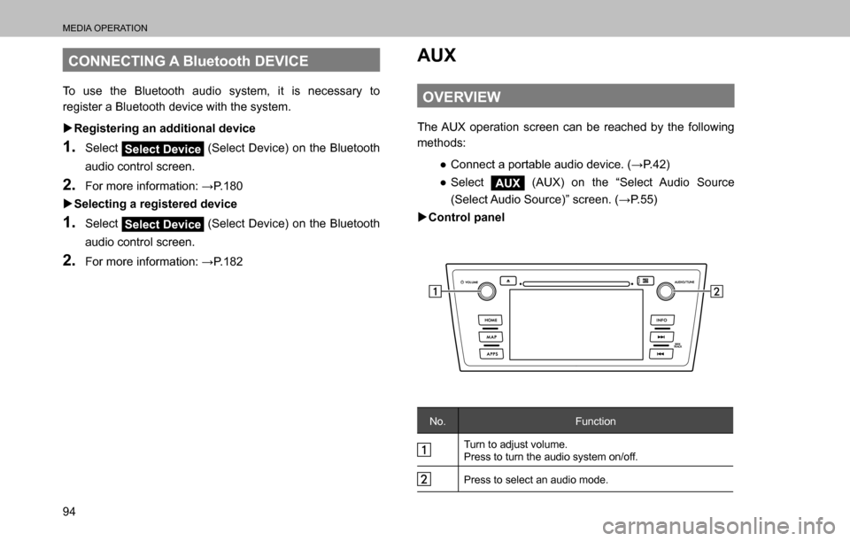 SUBARU OUTBACK 2016 6.G Navigation Manual 
MEDIA OPERATION
94
CONNECTING A Bluetooth DEVICE
To use the Bluetooth audio system, it is necessary to 
register a Bluetooth device with the system.
  �XRegistering an additional device
1. Select Sel