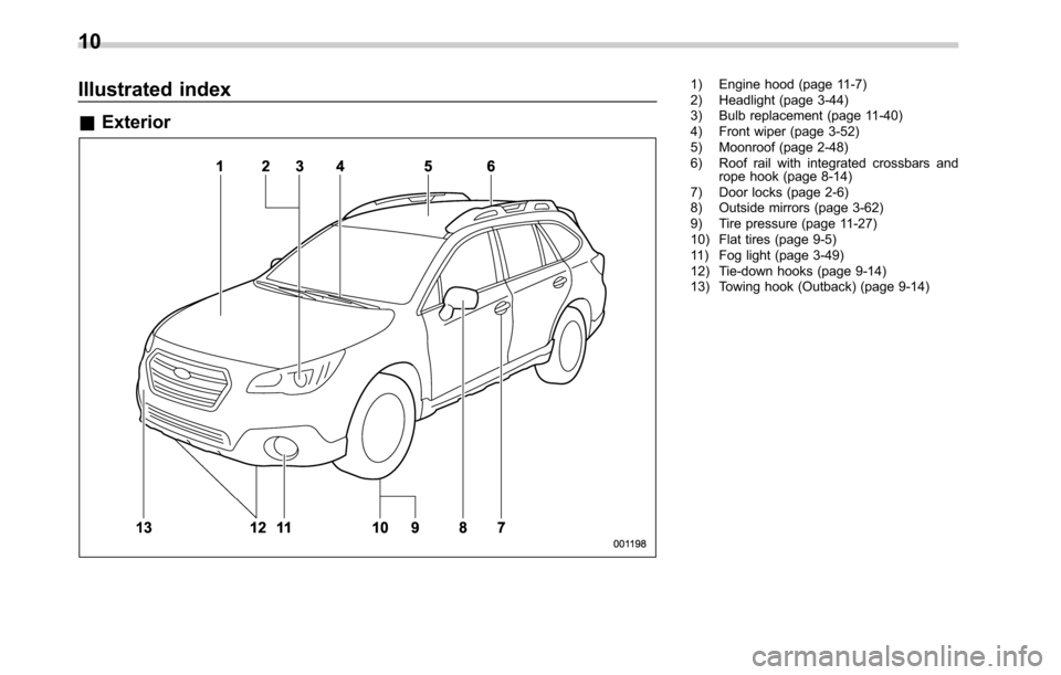 SUBARU OUTBACK 2016 6.G Owners Manual Illustrated index
&Exterior
1) Engine hood (page 11-7)
2) Headlight (page 3-44)
3) Bulb replacement (page 11-40)
4) Front wiper (page 3-52)
5) Moonroof (page 2-48)
6) Roof rail with integrated crossba
