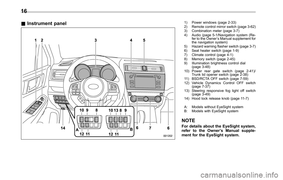 SUBARU OUTBACK 2016 6.G User Guide &Instrument panel1) Power windows (page 2-33)
2) Remote control mirror switch (page 3-62)
3) Combination meter (page 3-7)
4) Audio (page 5-1/Navigation system (Re-
fer to the Owner’s Manual suppleme SUBARU OUTBACK 2016 6.G User Guide &Instrument panel1) Power windows (page 2-33)
2) Remote control mirror switch (page 3-62)
3) Combination meter (page 3-7)
4) Audio (page 5-1/Navigation system (Re-
fer to the Owner’s Manual suppleme