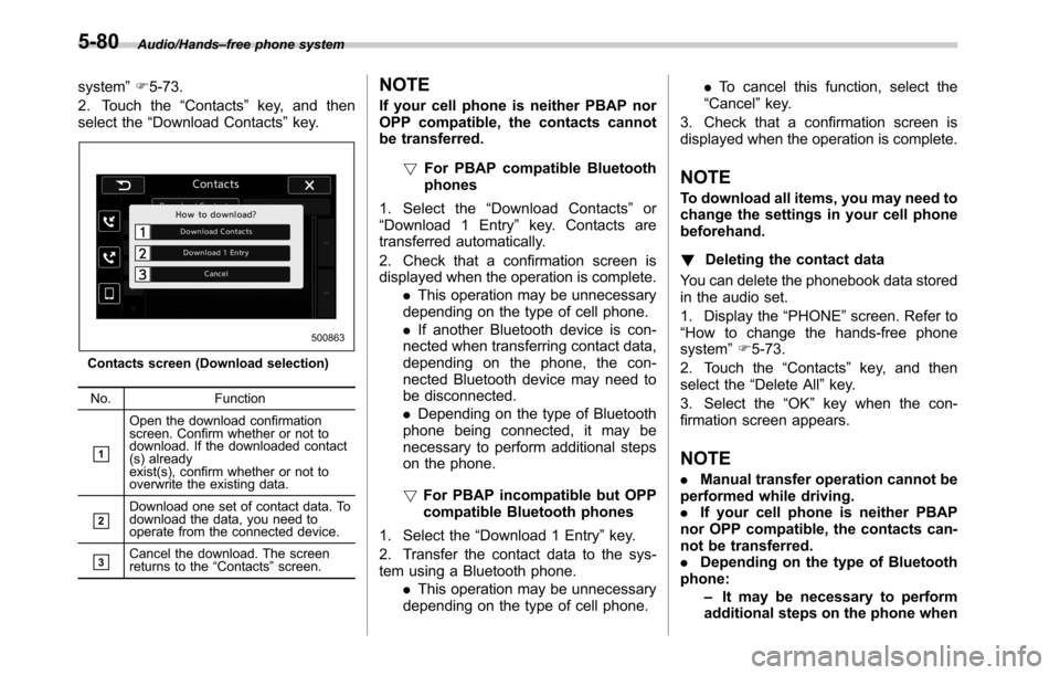 SUBARU OUTBACK 2016 6.G Owners Manual Audio/Hands–free phone system
system”F5-73.
2. Touch the“Contacts”key, and then
select the“Download Contacts”key.
Contacts screen (Download selection)
No. Function
&1
Open the download con SUBARU OUTBACK 2016 6.G Owners Manual Audio/Hands–free phone system
system”F5-73.
2. Touch the“Contacts”key, and then
select the“Download Contacts”key.
Contacts screen (Download selection)
No. Function
&1
Open the download con