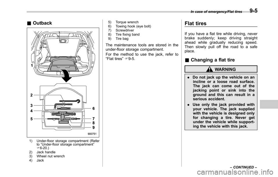 SUBARU OUTBACK 2016 6.G Owners Manual &Outback
1) Under-floor storage compartment (Refer
to“Under-floor storage compartment”
F6-20.)
2) Jack handle
3) Wheel nut wrench
4) Jack5) Torque wrench
6) Towing hook (eye bolt)
7) Screwdriver
8