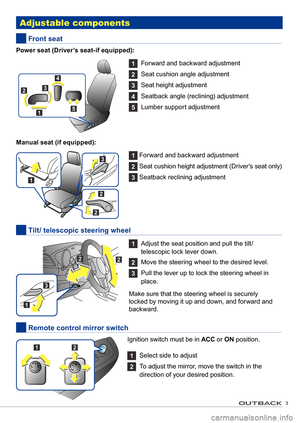 SUBARU OUTBACK 2016 6.G Quick Reference Guide 3
Ignition switch must be in ACC or ON position.
1 Select side to adjust
2 To adjust the mirror, move the switch in the
direction of your desired position.
Adjustable components
1 Forward and backw SUBARU OUTBACK 2016 6.G Quick Reference Guide 3
Ignition switch must be in ACC or ON position.
1 Select side to adjust
2 To adjust the mirror, move the switch in the
direction of your desired position.
Adjustable components
1 Forward and backw