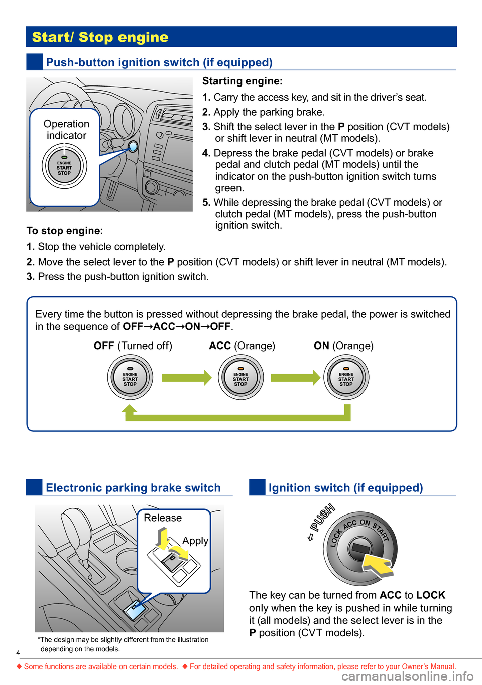 SUBARU OUTBACK 2016 6.G Quick Reference Guide 4
 Start/ Stop engine
The key can be turned from ACC to LOCK 
only when the key is pushed in while turning 
it (all models) and the select lever is in the  
P position (CVT models).
 Push-button ignit