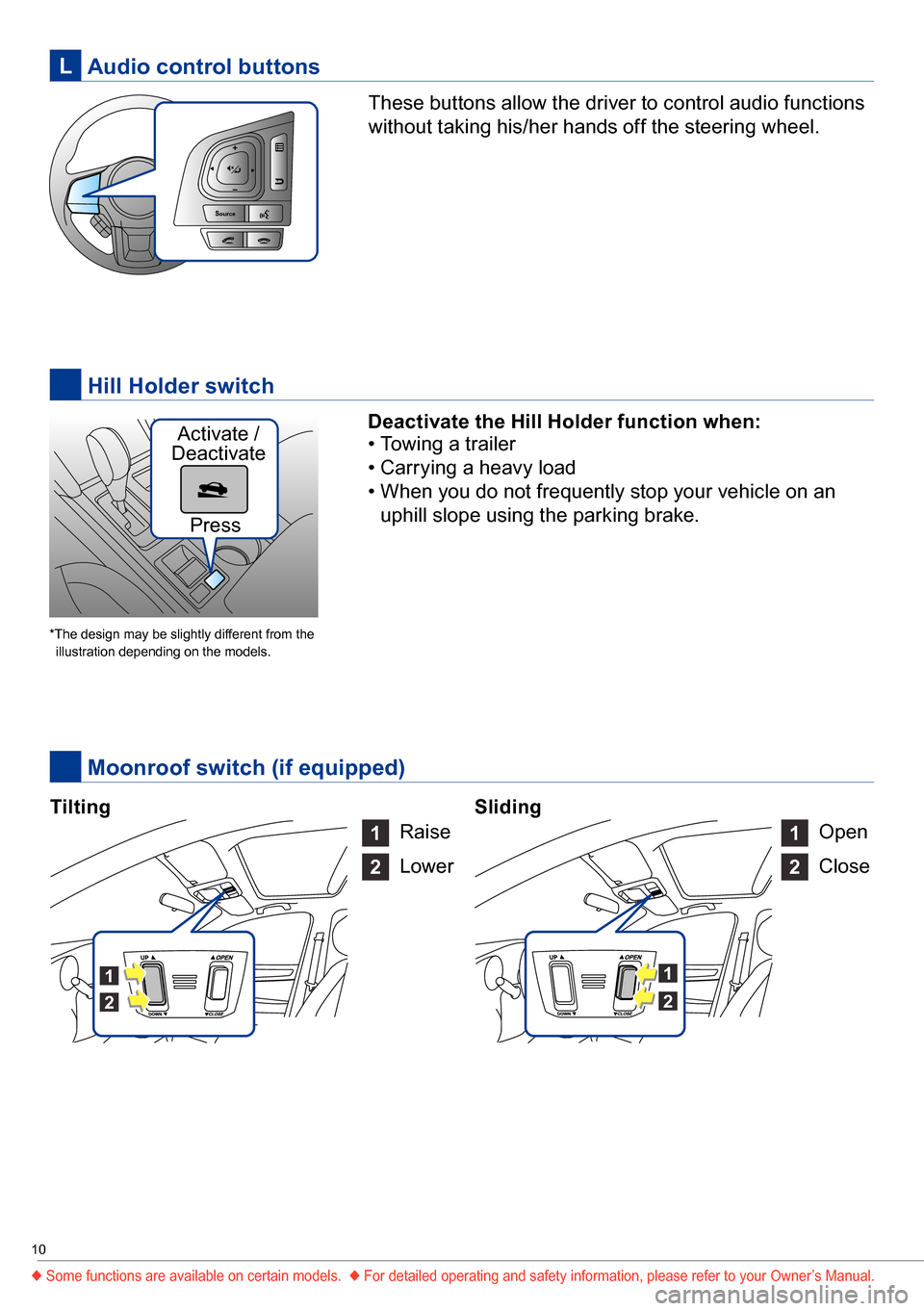 SUBARU OUTBACK 2016 6.G Quick Reference Guide 10
Deactivate the Hill Holder function when:
• Towing a trailer
• Carrying a heavy load
• When you do not frequently stop your vehicle on an 
uphill slope using the parking brake.
Tilting Slidin