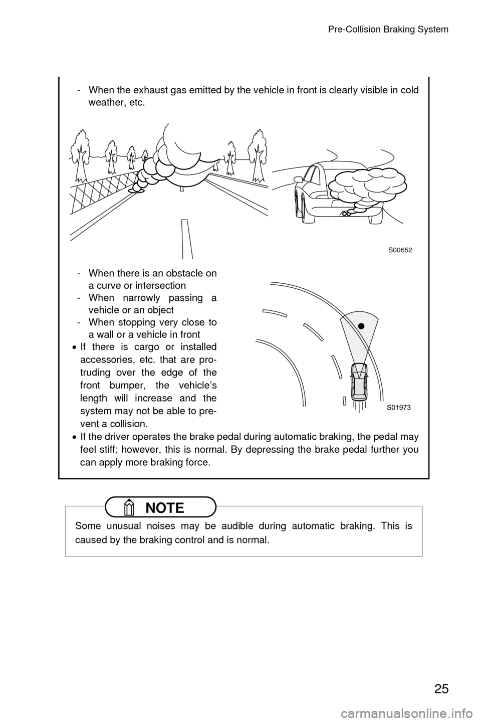 SUBARU OUTBACK 2017 6.G Driving Assist Manual Pre-Collision Braking System
25
- When the exhaust gas emitted by the vehicle in front is clearly visible in coldweather, etc.
- When there is an obstacle on a curve or intersection
- When narrowly pa
